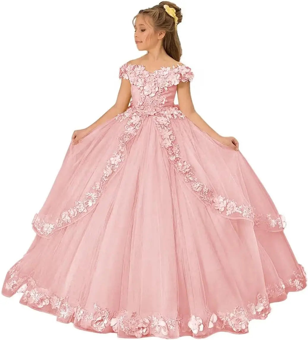 Vestido de tul para niña de las flores, para boda, con hombros descubiertos, para desfile, con flores 3D, estilo princesa, para fiesta 