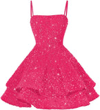 Kurze Pailletten-Heimkehrkleider für Teenager 2025, glitzernde Spaghettiträger, Sweet 16-Abschlussball-Cocktailkleid, Ballkleid, Partykleider 