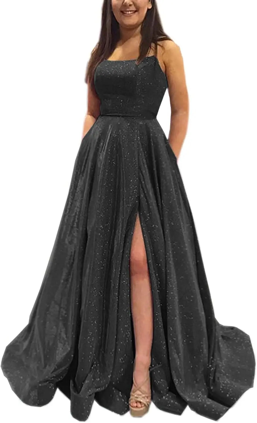 Vestidos de fiesta con purpurina para mujer, 2025, con tirantes finos abiertos, largos, formales, para noche, boda, fiesta, baile, con bolsillos 