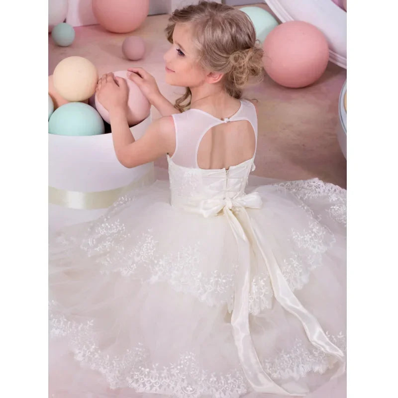 Vestidos de tul color marfil con encaje bordado y lazo, sin mangas, para bodas, cumpleaños, banquetes, comuniones y niñas de las flores. 