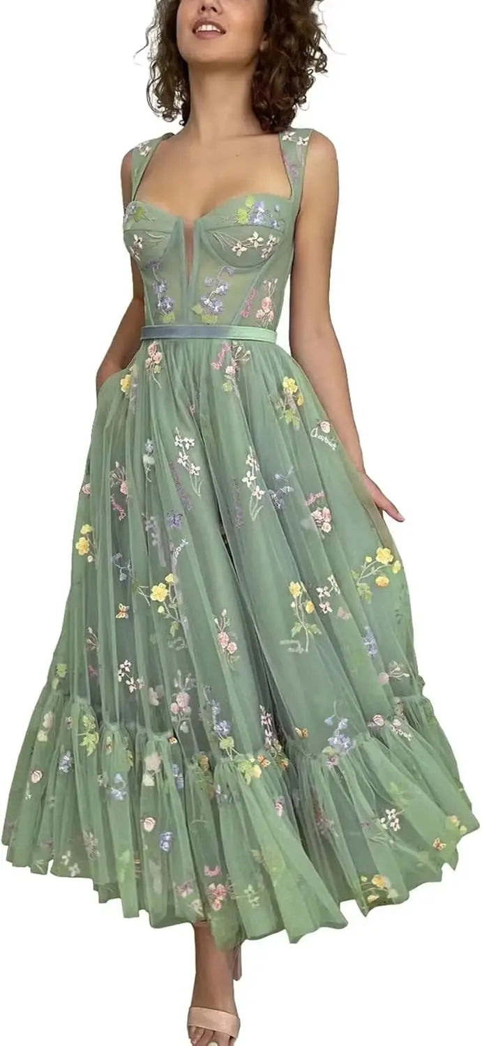 Custom Made Women's Flower Embroidery Tulle Prom Dresses Tea Length Corset A Line Fairy Formal Evening Party Gown Bridesmaid