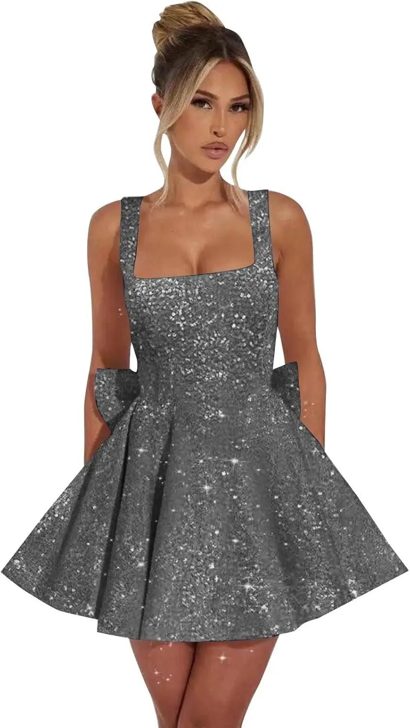 Vestidos de fiesta de graduación con lentejuelas brillantes para adolescentes, con lazo, cortos y abullonados.