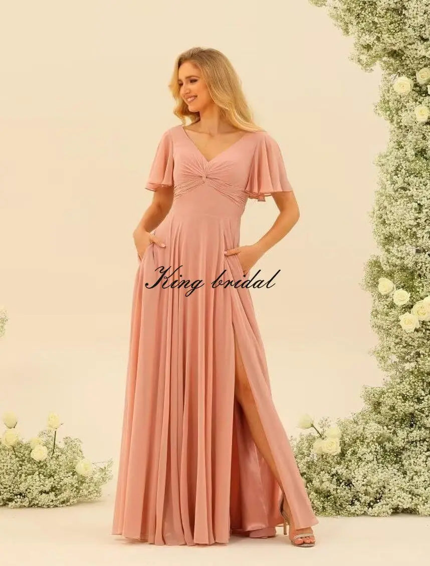 Custom Made Flutter Sleeves Split Bridesmaid Dresses with Slit Long V Neck Empire Waist Formal Evening Dress for Women Wedding