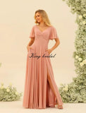 Custom Made Flutter Sleeves Split Bridesmaid Dresses with Slit Long V Neck Empire Waist Formal Evening Dress for Women Wedding