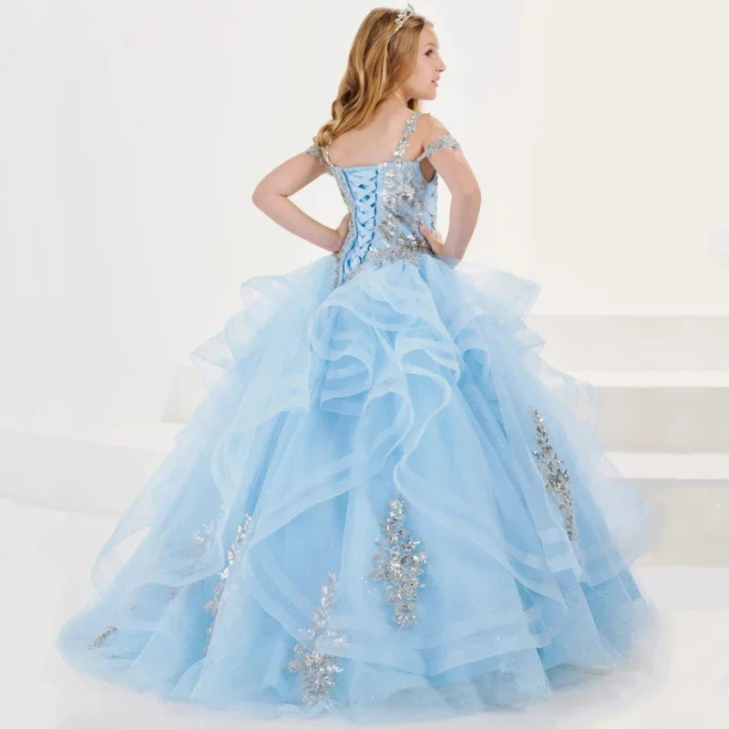 Vestidos de princesa sin mangas para bodas, fiestas de cumpleaños, banquetes, vestidos de niña de las flores, tul azul cielo, apliques florales plateados escalonados 