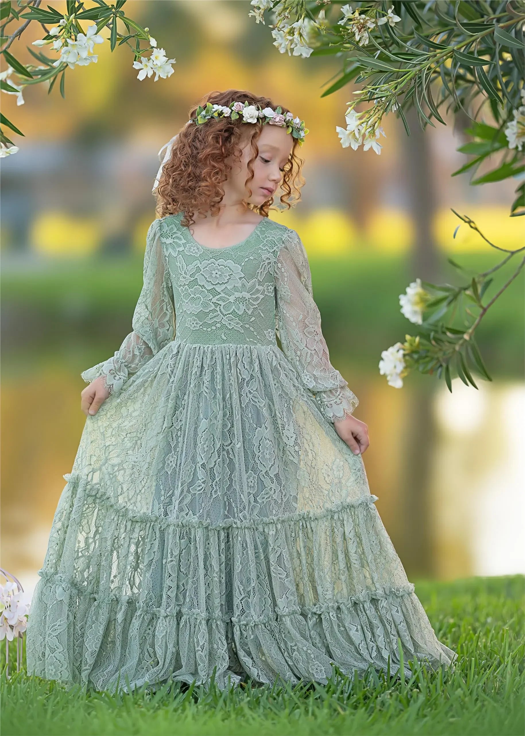 Festzugskleid für Hochzeiten, Spitzenapplikationen, bodenlang, Geburtstagsfeier, Erstkommunionkleider, individuell gestaltete grüne Blumenmädchenkleider 