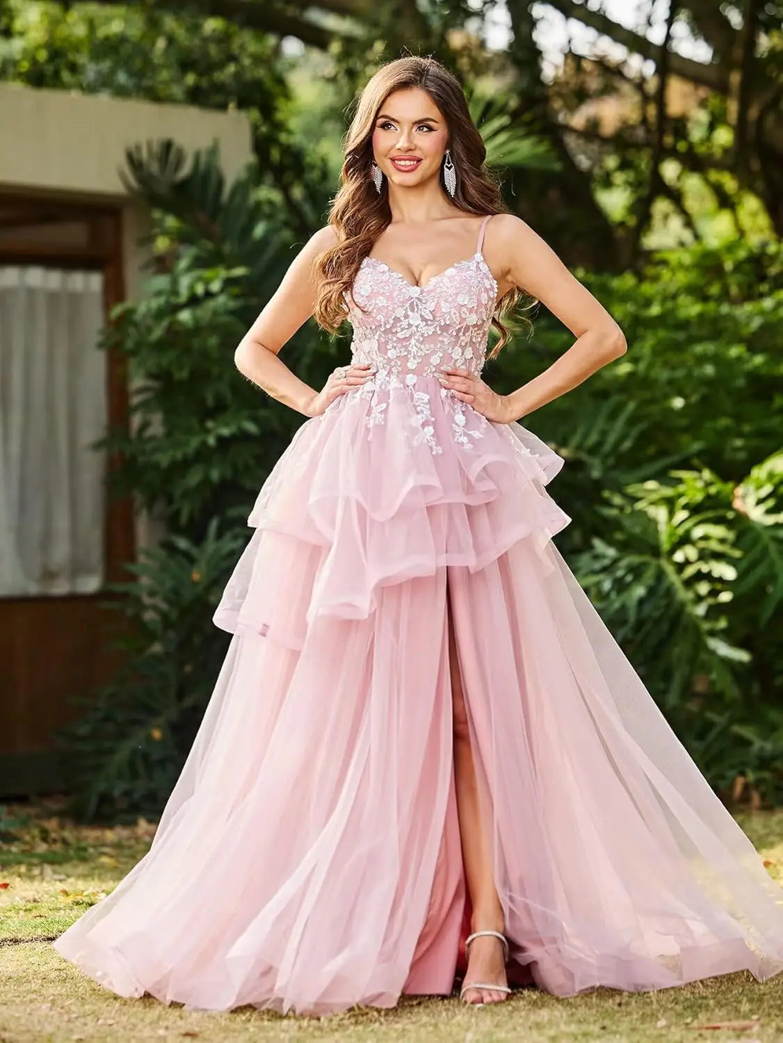 Vestidos de fiesta con apliques de encaje de tul y escote en V con abertura, vestidos de fiesta formales de noche con capas abullonadas, vestidos de baile largos 