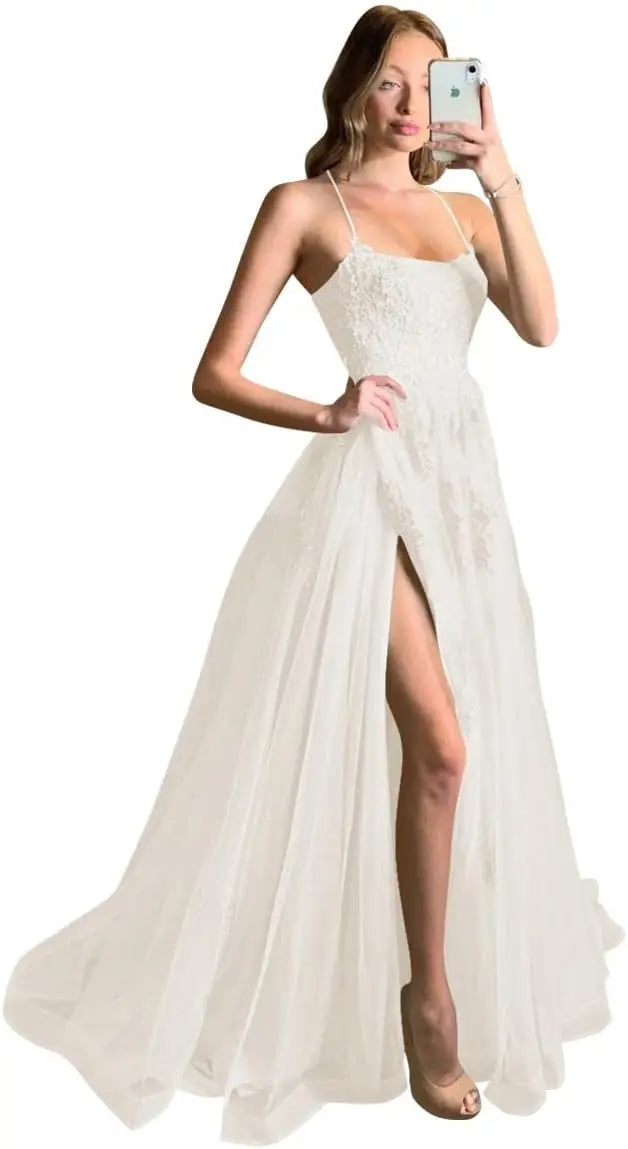 Vestidos de fiesta largos de encaje cruzado con tirantes finos y abertura para mujer 2026. 