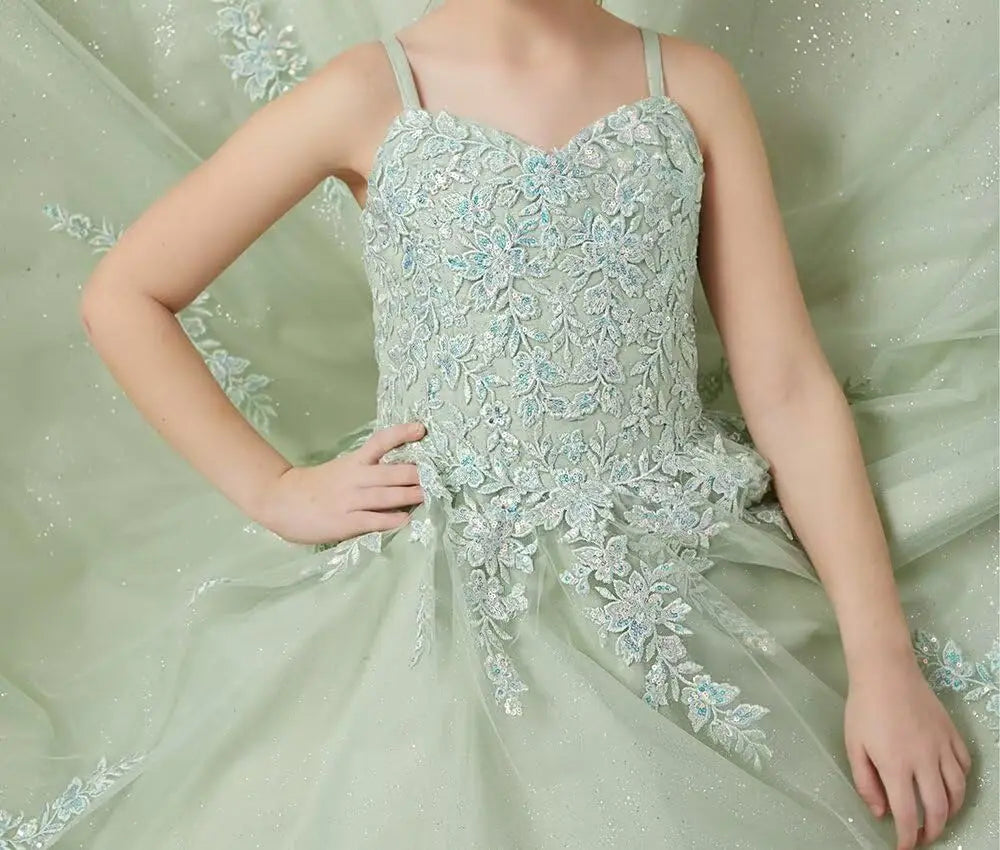 Lace Applique Tulle Pageant Gowns for Girls Ball Gown Flower Girl Dress Princess Toddler Kids Prom Pageant   Dress