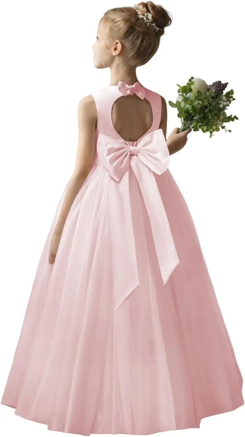 Flower Girl Dresses for Wedding Puffy Satin Tulle Princess Pageant Dress for Girls Crew Neck Tulle Bow Prom Ball Gowns