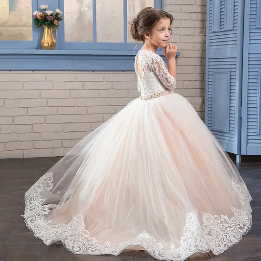 Vestidos de comunión para niñas de flores, color champán, con apliques abullonados, cinturón de joya y dobladillo de encaje, media manga para boda 