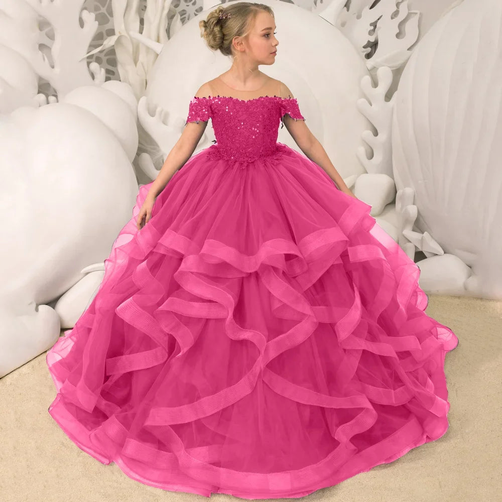 Grape Purple Floral Appliques Tiered With Trailing For Wedding Birthday Party Banquet Gown Customized Flower Girl Dresses