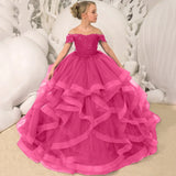 Grape Purple Floral Appliques Tiered With Trailing For Wedding Birthday Party Banquet Gown Customized Flower Girl Dresses