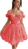 3D Flowers Tulle Girls Homecoming Dresses Short Off The Shoulder Fairy Prom Dress Cocktail Wedding Party Gowns Bridesmaid Gown