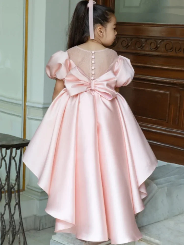 Pink Satin Tulle Appliques With Bow And Trailing Short Sleeve For Wedding Birthday Banquet Princess Gowns Flower Girl Dresses
