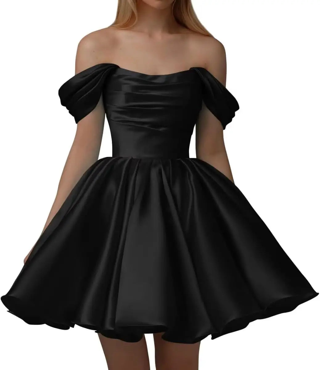 Vestidos de fiesta de satén con hombros descubiertos para mujer, corte A, cortos, plisados, sin tirantes, para boda y fiesta. 