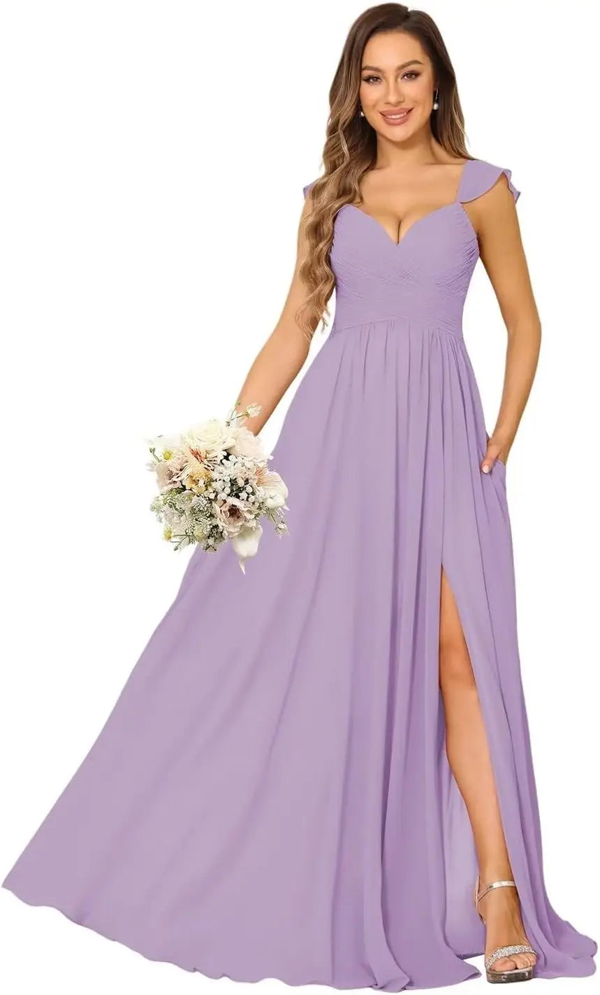 Women's Cap Sleeves Chiffon Bridesmaid Dresses Long with Pockets Ruffle Formal Evening Dresses with Slit Wedding Party Gowns