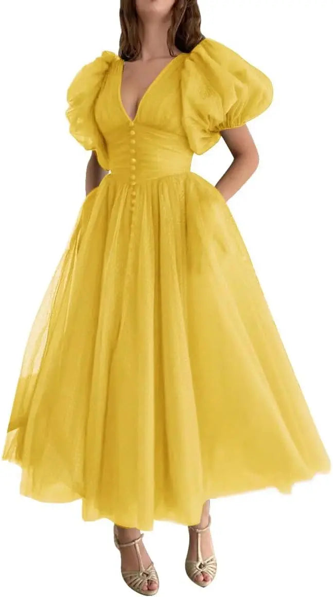 Puffy Sleeve Prom Dresses for Women Dotted Tulle V Neck Formal Evening Party Gowns Tea Length Bridesmaid Dresses
