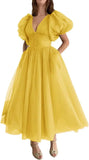 Puffy Sleeve Prom Dresses for Women Dotted Tulle V Neck Formal Evening Party Gowns Tea Length Bridesmaid Dresses