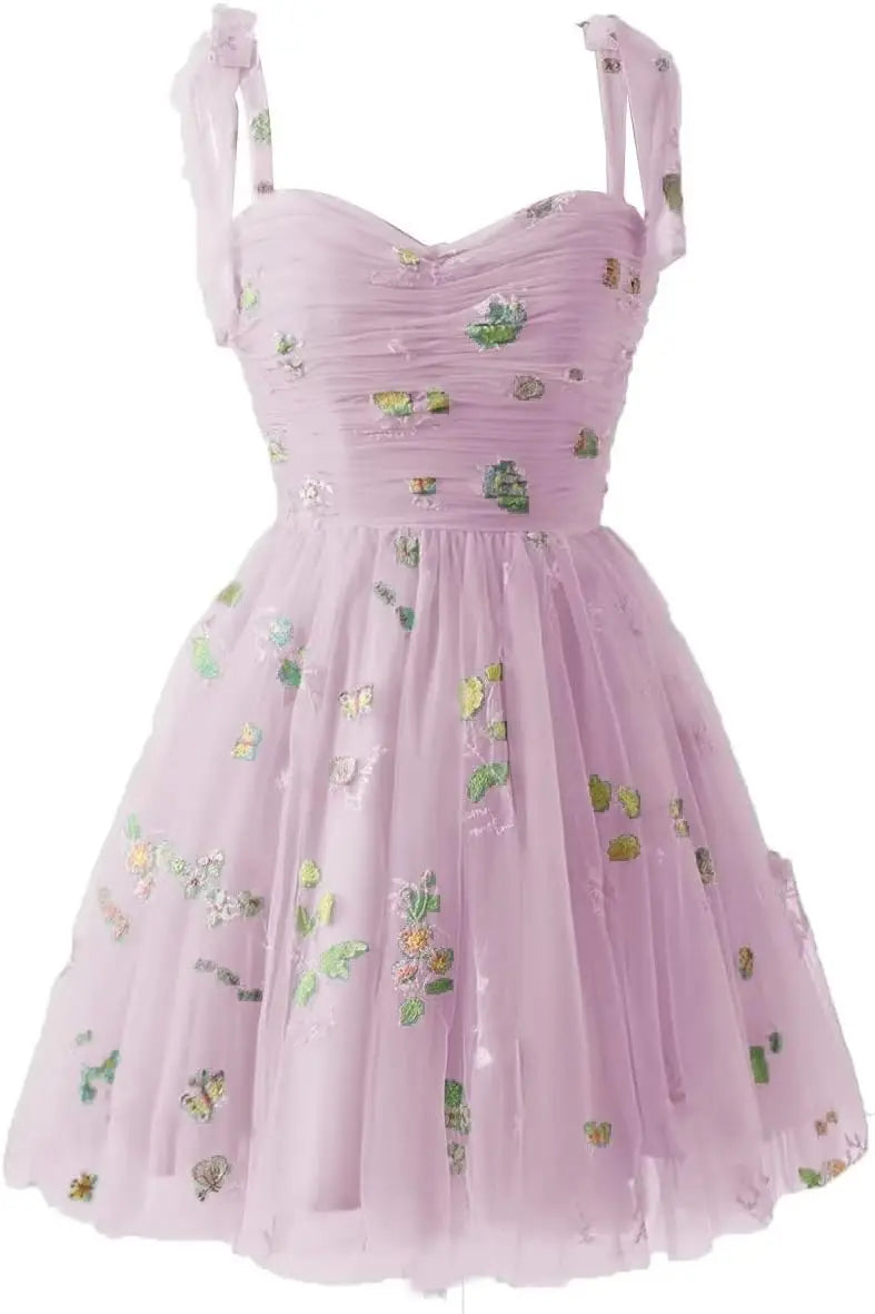 Vestidos cortos de fiesta para adolescentes con bordado de flores, tul, tirantes finos, largo hasta la rodilla, con margaritas y estampado floral. 