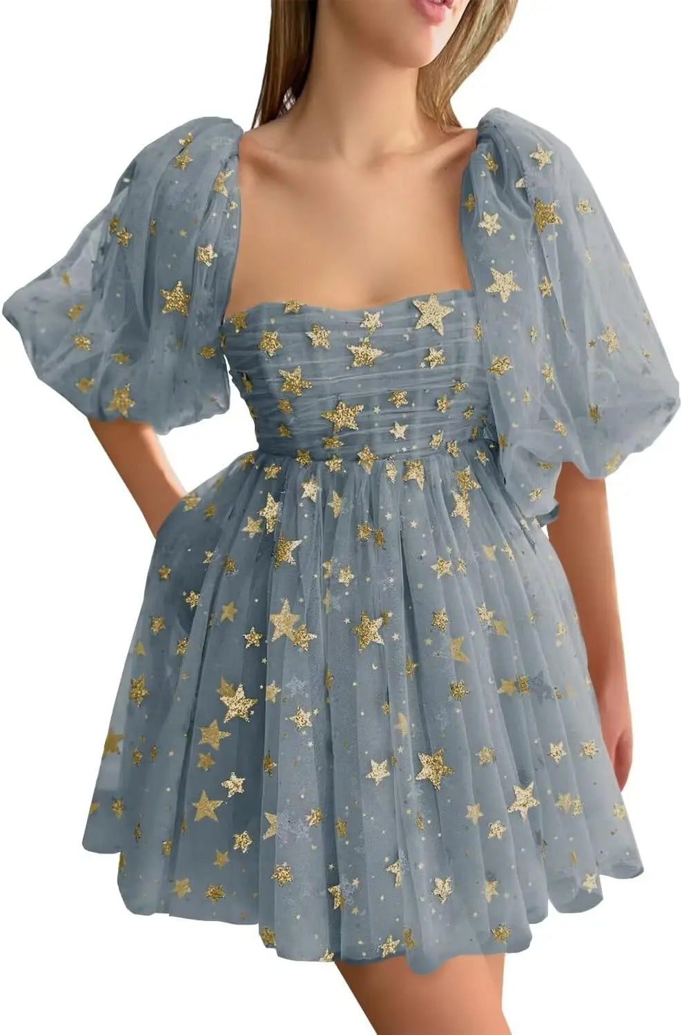 Vestidos de fiesta cortos de tul con estrellas brillantes, hechos a medida, para adolescentes, minivestido de fiesta con estrellas brillantes y mangas abullonadas, vestido formal para club. 