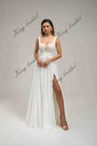 Chiffon Schlitz Brautkleid, Rückenloses Hochzeitskleid, Bestickte Spitze V-Ausschnitt Boho StrandHochzeitskleider Individuelles Hochzeitskleid 