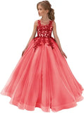 Festzugskleider für Mädchen, Spitzenapplikation, Blumenmädchenkleid, Tüll, Festzugskleid für Mädchen, lang, ärmellos, Prinzessinnen-Party-Ballkleid 