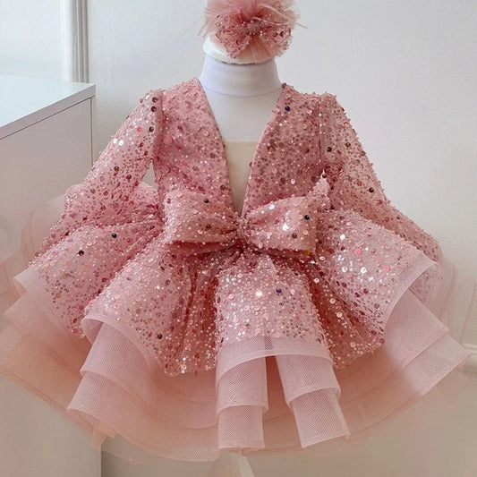 Bonitos vestidos de princesa para fiesta de bodas, personalizados, de organza brillante con lentejuelas y lazo, para niña de las flores. 