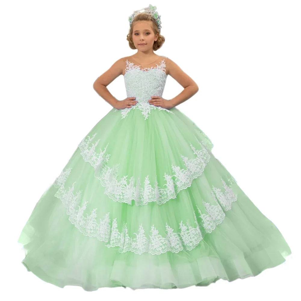 Vestido de princesa para banquete de fiesta de cumpleaños, personalizado, para niña de las flores, con apliques de encaje azul cielo y blanco, escalonado, sin mangas, para boda 