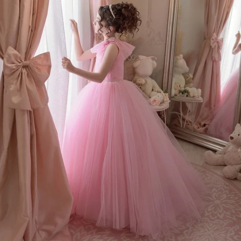 Pink Tulle With Belt Single Shoulder For Wedding Birthday Party Prom Banquet Princess Gowns Customized Flower Girl Dresses
