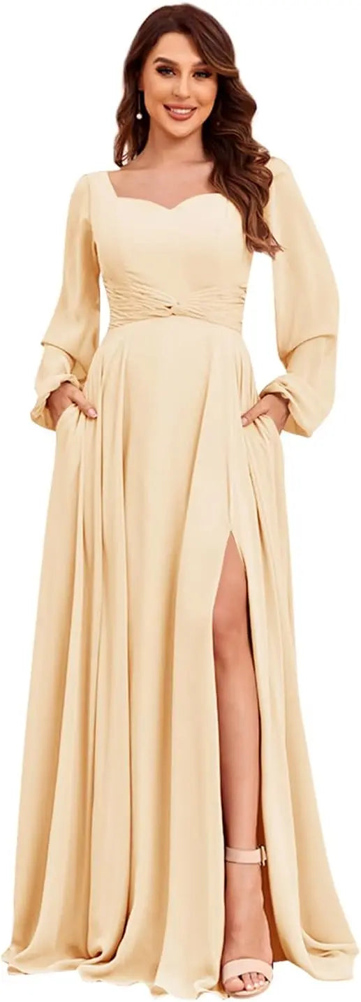 Damen Langarm Brautjungfernkleider mit Taschen Split Plissee Chiffon Formales Abendkleid Partykleid formelles Kleid Frauen elegant 