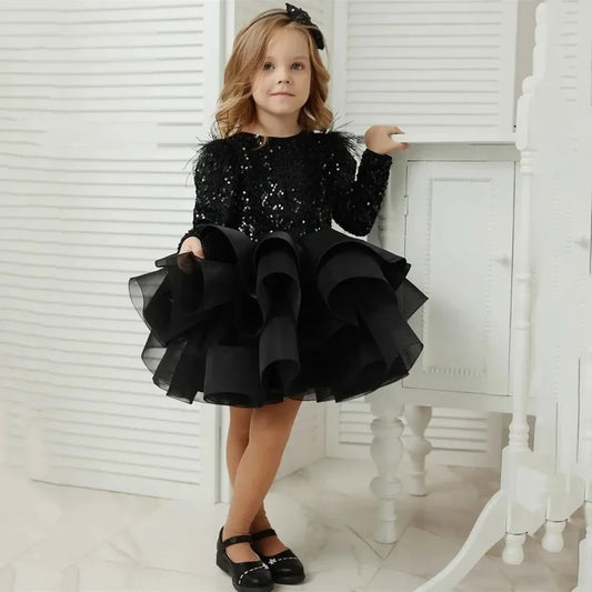 Vestido de princesa con plumas y lentejuelas hasta la rodilla para niña, fiesta de cumpleaños, preciosos vestidos de primera comunión con flores negras para boda. 