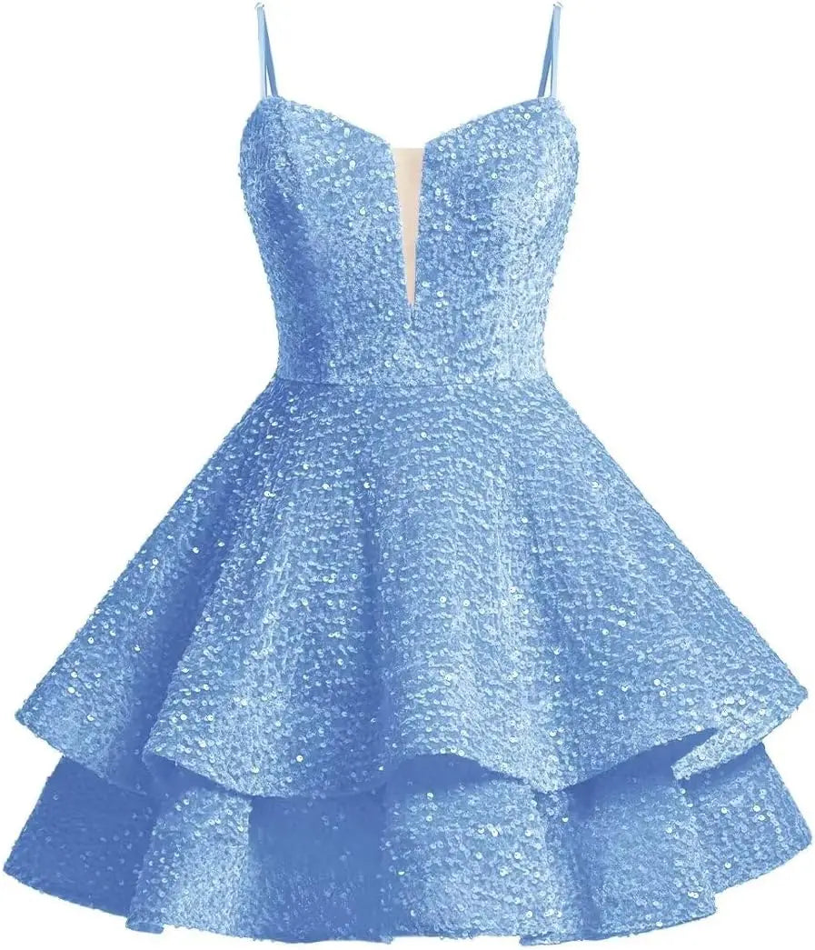 Vestidos de fiesta cortos con lentejuelas brillantes para adolescentes, de Pretty Girls Club, 2025, con tirantes finos, minivestido de cóctel formal con capas 