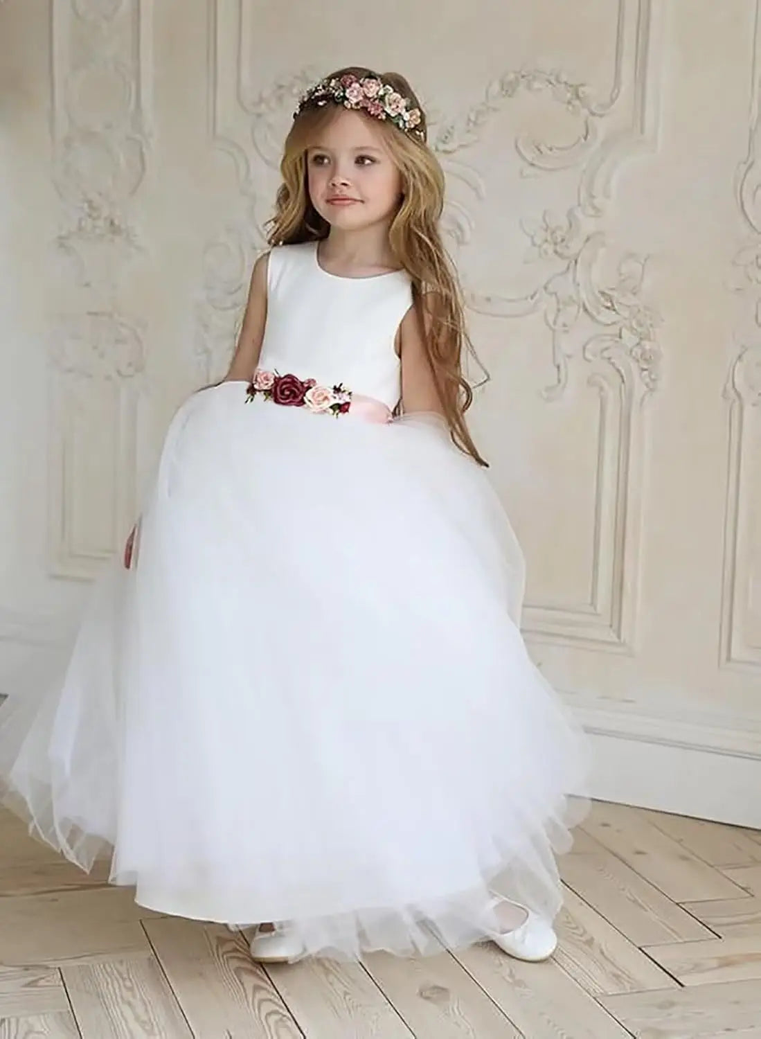 Flower Girl Dresses for Wedding Satin Tulle Princess Pageant Dress with Bow Long A Line Prom Ball Gowns girls party dress