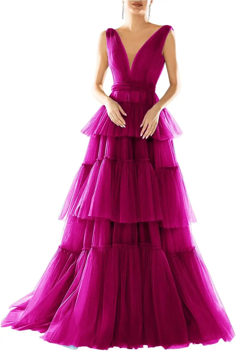 Vestidos de fiesta largos con escote en V doble para mujer, 2025, de tul escalonado, corte A, plisados, formales, para fiesta de noche. 