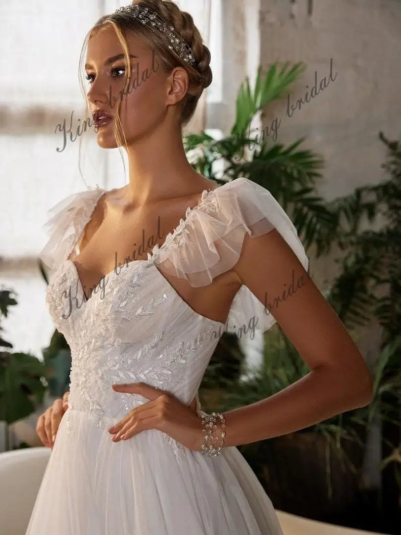 A-line Tulle Off Shoulders Wedding Dress Lace Wedding Gown Luxury Beaded Bridal Gown Ruffle Straps Corset Dress Heart