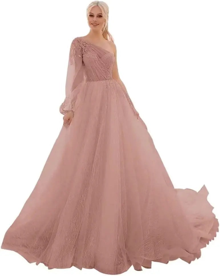 One Shoulder Appliques Tulle Prom Dresses Glitter Ball Gown Wedding Dress Princess Formal Gown
