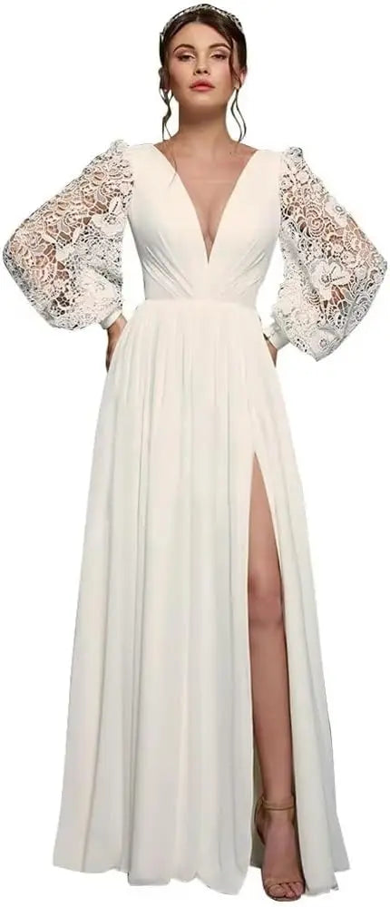 Langärmliges Brautjungfernkleid, Chiffon, Ballkleid, langes Hochzeitskleid mit Spitzenapplikation, V-Ausschnitt, formelle Kleider mit Schlitz 