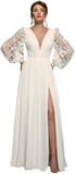Langärmliges Brautjungfernkleid, Chiffon, Ballkleid, langes Hochzeitskleid mit Spitzenapplikation, V-Ausschnitt, formelle Kleider mit Schlitz 