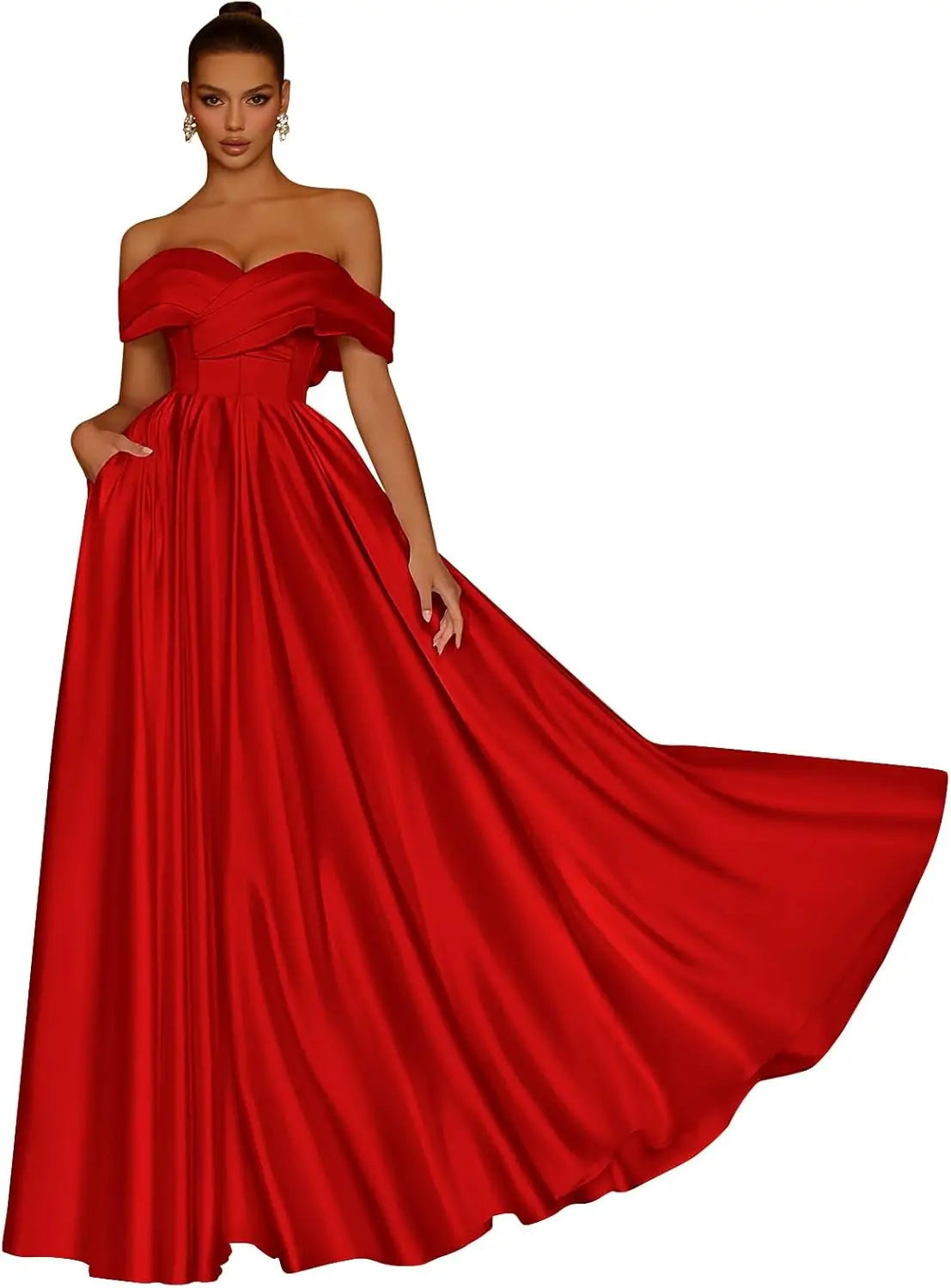 Damen Schulterfreies Satin-Ballkleid, lang, V-Ausschnitt, A-Linie, formelles Abendkleid mit Taschen, Ballkleid 