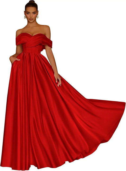 Vestidos de fiesta de satén con hombros descubiertos para mujer, vestidos de noche formales de corte A con escote en V largo y bolsillos. 