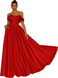 Damen Schulterfreies Satin-Ballkleid, lang, V-Ausschnitt, A-Linie, formelles Abendkleid mit Taschen, Ballkleid 