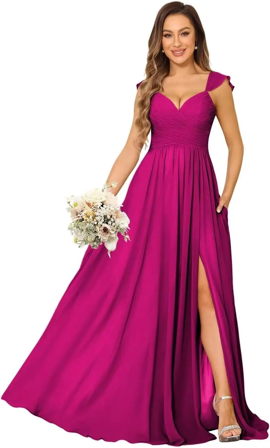 Women's Cap Sleeves Chiffon Bridesmaid Dresses Long with Pockets Ruffle Formal Evening Dresses with Slit Wedding Party Gowns