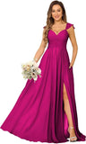 Women's Cap Sleeves Chiffon Bridesmaid Dresses Long with Pockets Ruffle Formal Evening Dresses with Slit Wedding Party Gowns