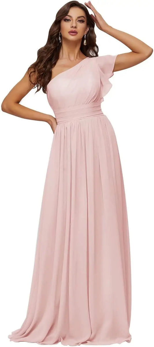 Women's Long Chiffon Bridesmaid Dresses One Shoulder Formal Evening Party Gowns with Pleated