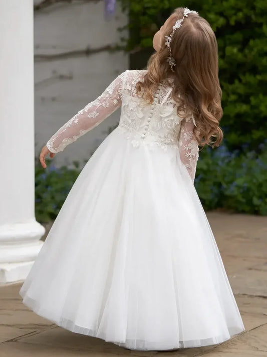 White Tulle Flory Pattern Long Sleeve For Wedding Birthday Party Banquet Princess Gowns Flower Girl Dresses baby girl dress