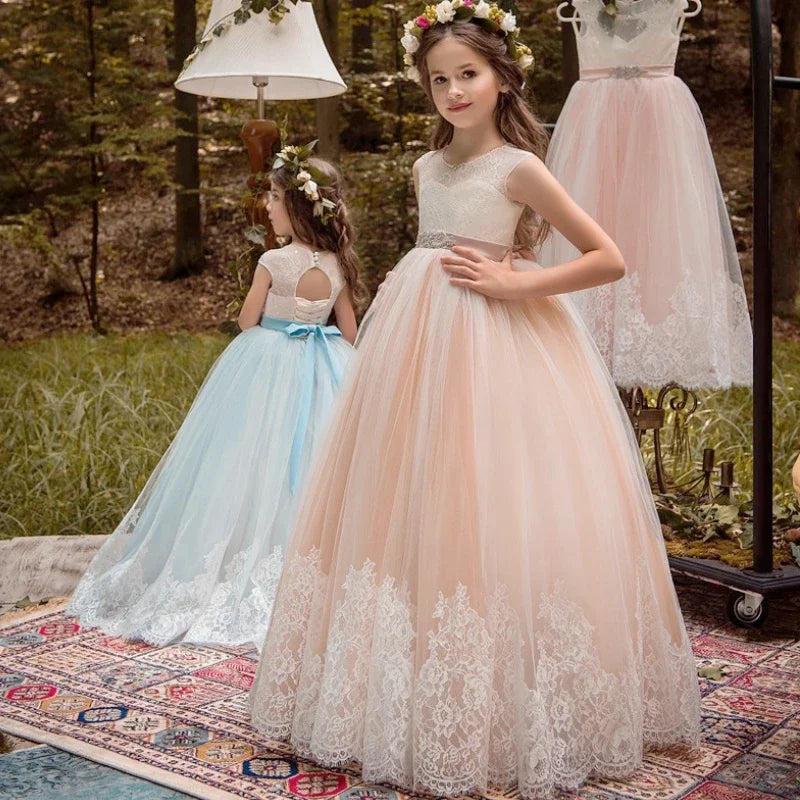 Champagne Appliques Lace Hem With Belt Sleeveless For Wedding Birthday Party Banquet First Communion Gowns Flower Girl Dresses