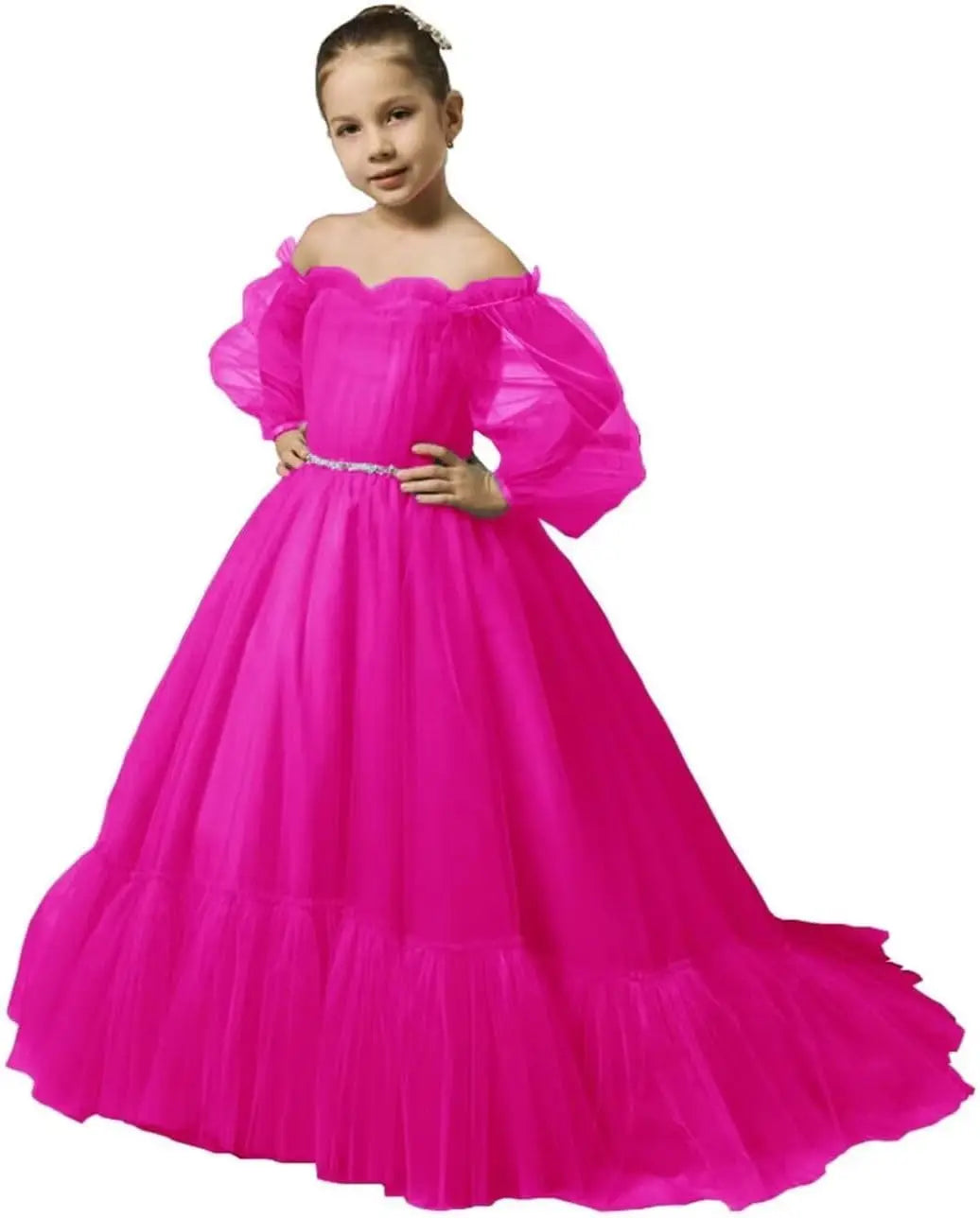 Vestidos de niña de las flores con mangas abullonadas para boda, vestidos de desfile de tul con hombros descubiertos, vestido de línea A para niña pequeña con cinturón, vestido para niña bebé 