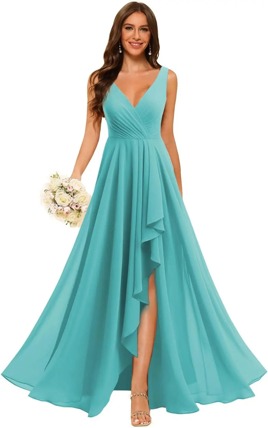 Women's V Neck Bridesmaid Dresses with Slit 2025 Chiffon A-line Formal Evening Gowns with Pockets bridesmaid dress for weddings