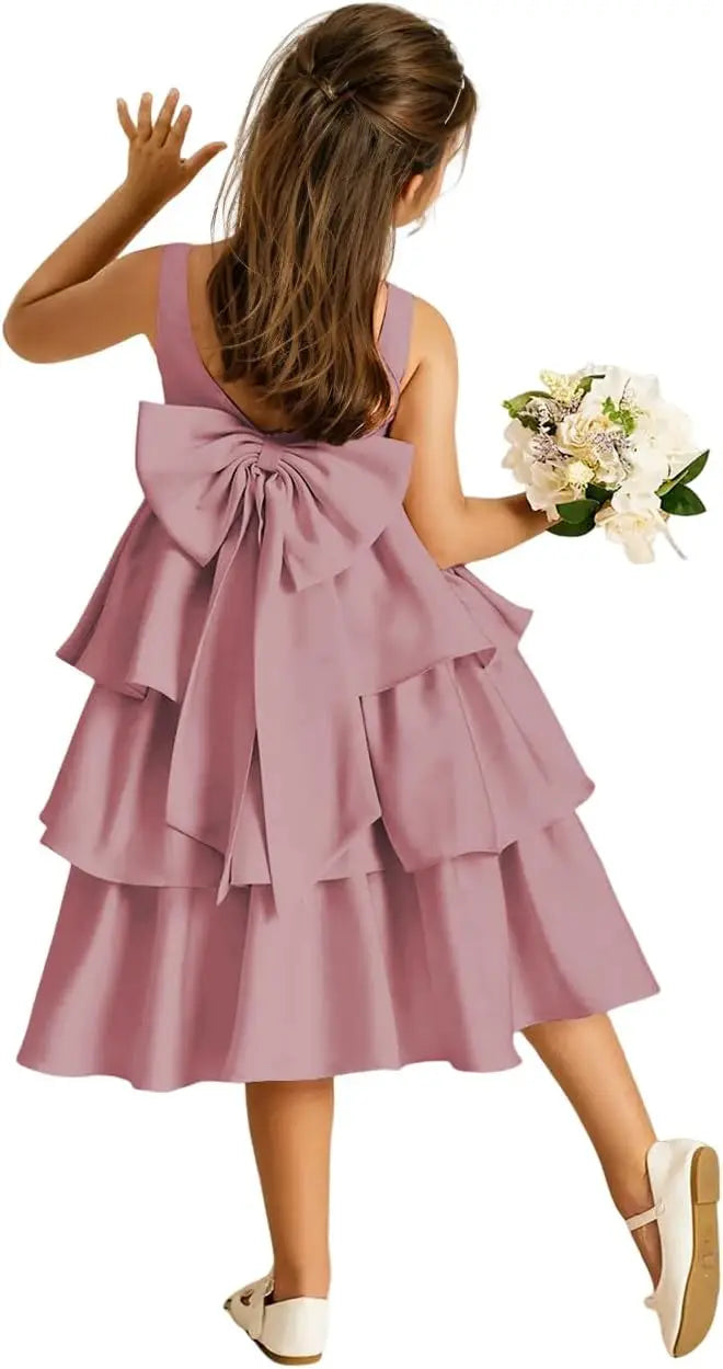 Girls Crewneck Layers Flower Girl Satin Pageant Dress with Bow Knot Backless Birthday Party Formal Dress princess dress